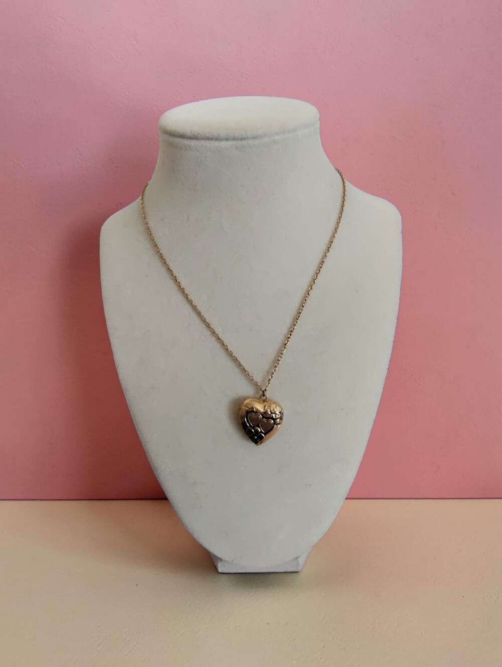 1928 Gold Tone Heart Locket Necklace Floral Double Heart Vintage Inspired